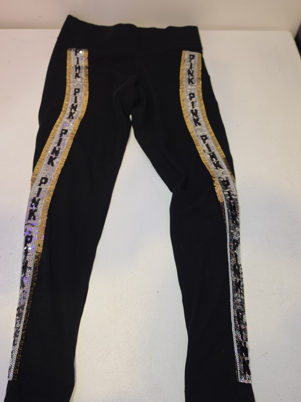 PINK Victoria's Secret Black Leggings with Gold and Silver Sequin Side Stripes